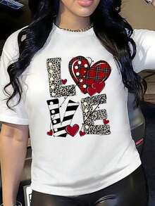 Playera blanca de mujer con estampado LOVE y corazones, camiseta casual de manga corta y cuello redondo, top cómodo para verano y uso diario - Blanco - Ver 1