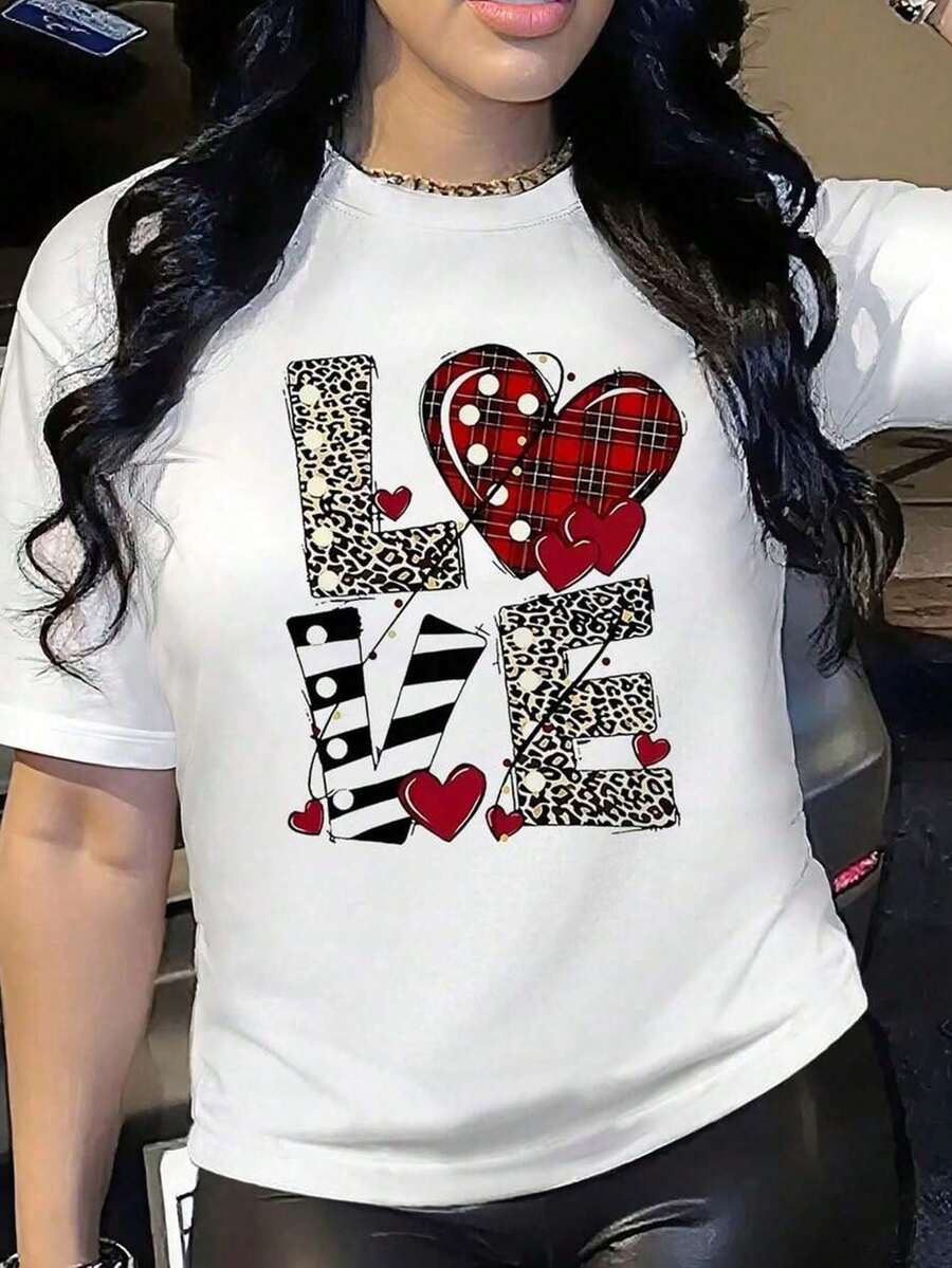 Playera blanca de mujer con estampado LOVE y corazones, camiseta casual de manga corta y cuello redondo, top cómodo para verano y uso diario - Blanco - Ver 1