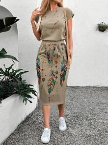 LUNE 2 piezas Conjunto de falda con textura de plumas para mujer, adecuado para verano - Multicolor - Ver 3