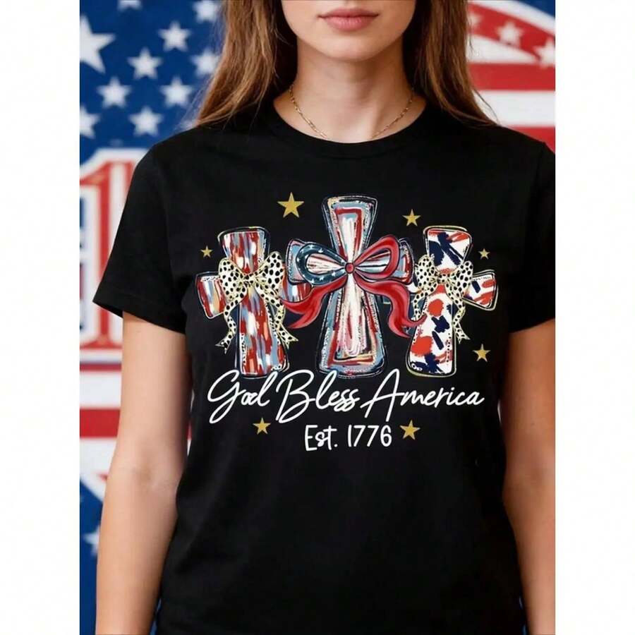 Women's "God Bless America" T-Shirt, 250 Years Of America, 250th Anniversary Of The USA, Gift T-Shirt For Independence Day, 4th Of July, Cotton T-Shirt For Men And Women - 黑色 - 查看 1