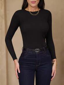 Blusa Peluciada Canelada Manga Longa Térmica Inverno Flanelada Ribana Forrada Quentinha - Preto - Visão 3