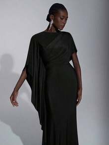 Elegante y lujoso vestido de dama de honor con decoración de volantes en las mangas de satén, abertura sexy y cola de pez - Negro - Ver 7