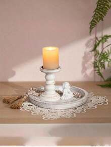 1pc Vintage Wooden Round Decorative Tray, Farmhouse Distressed Candle Holder Base, Home Living Room Incense Candle Plate - 白色 - 查看 7