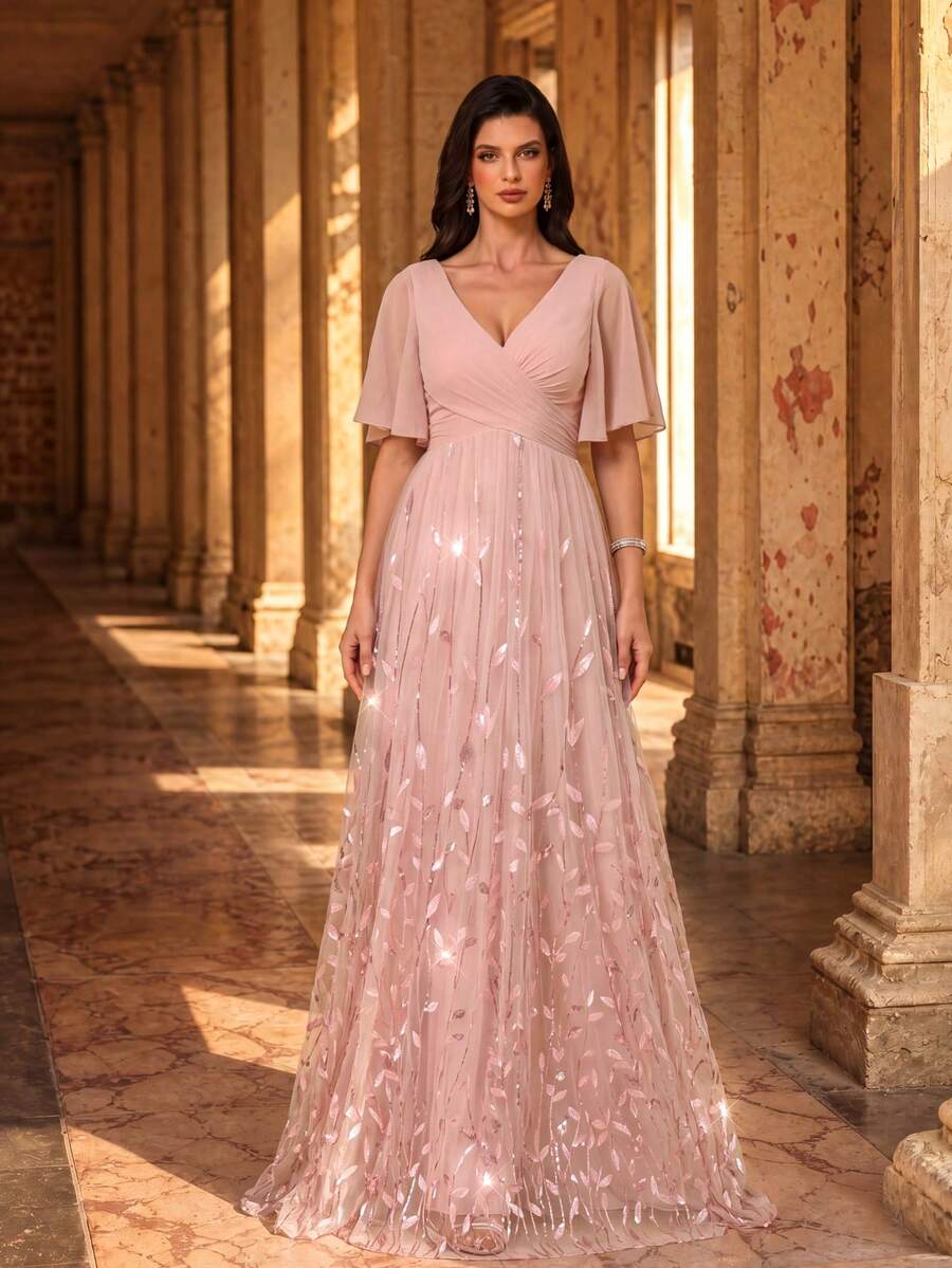 UNITHORSE V-Neck Lace Sleeve Pleated Leaf Mesh Applique Formal Party Dress, Elegant For Gala, Wedding Guest, Graduation Ceremony, Birthday, Prom Spring - 藕粉色 - 查看 1