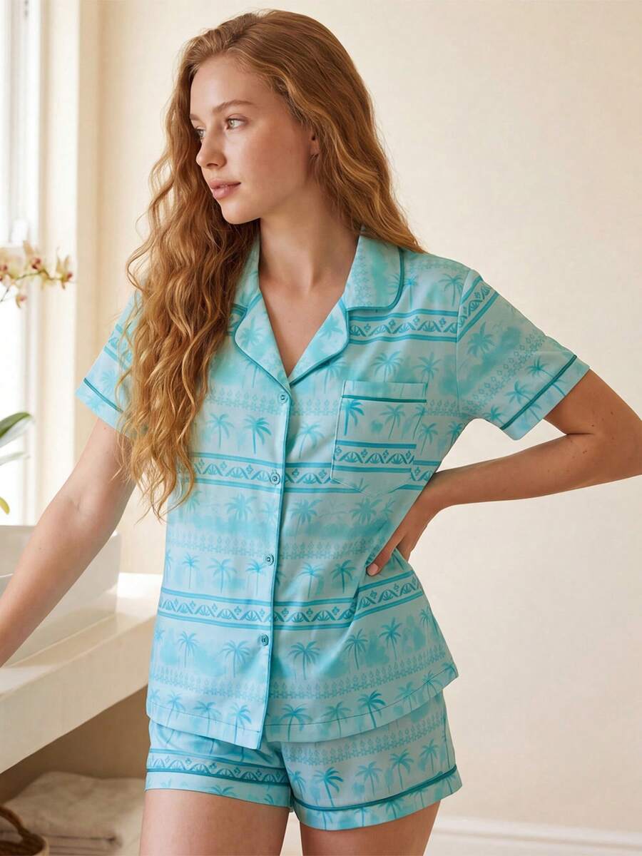 Womens Summer Pajamas Set Coconut Tree Print Button Down Short Sleeve Tops With Shorts Lounge Wear 2 Pcs Set - 藍色 - 查看 1