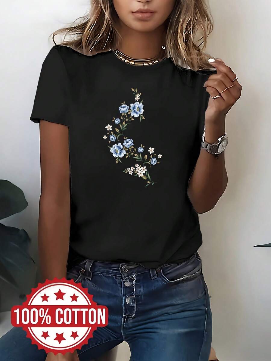 Elegant Women's Blouse With Modern Print, Round Neck And Short Sleeves 100% Cotton NC-13350 - 黑色 - 查看 1