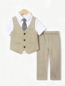 男孩新式西裝套裝 花童婚禮服 表演服 英式風格 男孩表演西裝 3件套 背心褲子領帶套裝 背心+長褲+領帶 - 卡其色 - 查看 4