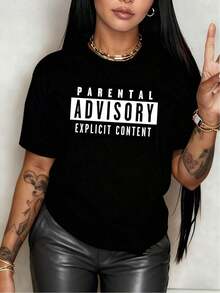 100% Cotton. Parental Warning: Explicit Content. Women's T-Shirt To Show Your Rebellion And Boldness. Striking Lettering In English. 100% Cotton For Casual And Comfortable Wear. Women's Simple Solid Color T-Shirt, Loose And Slim Fit Casual Short Sleeve - 黑色 - 查看 1