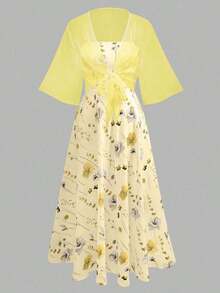 2 piezas Vestido de mujer de gasa con estampado floral y conjunto elegante y romántico para cita en verano y primavera - Multicolor 10 - Ver 9