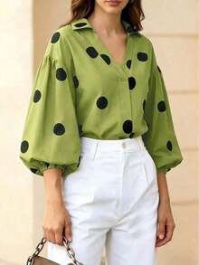 Elegant Polka Dot Blouse With Lantern Sleeves, Button Front, And V-Neck, Suitable For The Office And Casual Wear - Spring/Summer, Beach Vacation, Summer Holiday - Black - 綠色的 - 查看 8