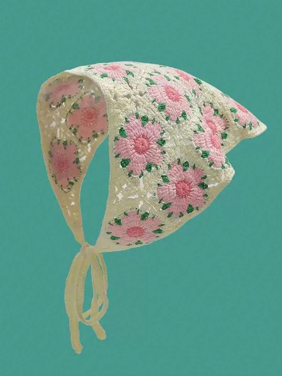 Bohemian Handmade Floral Woven Long Headband, Suitable For Daily Wear And Spring Outings, Valentine's Day Headband, Autumn/Winter Headband, Elegant Scarf For Women's Holiday Outfit - Pink Flowers - View 1