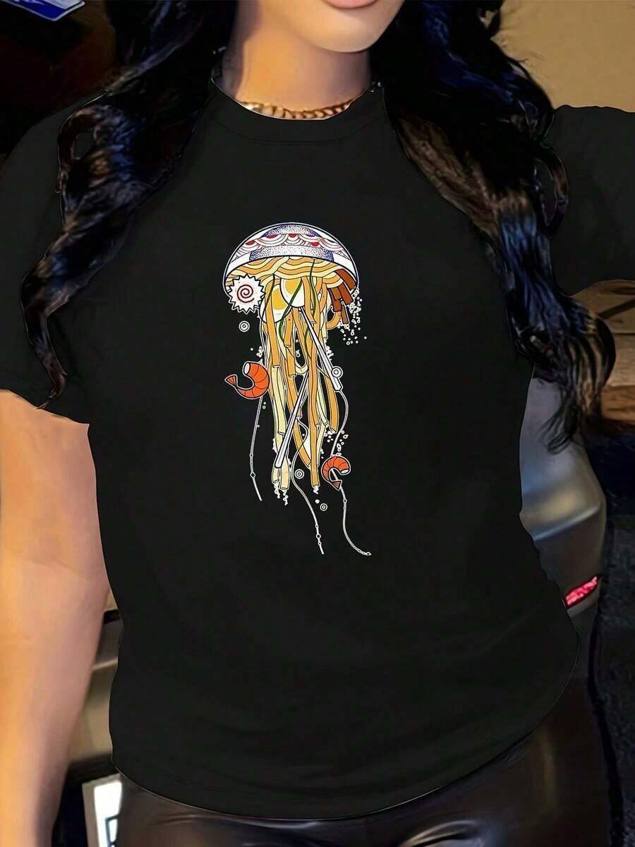Under The Radar - Camiseta de Talla Grande para Mujer con Estampado Creativo de Medusa Ramen - Estilo Urbano Vintage Unisex - Camiseta de Algodón Holgada de Manga Corta y Cuello Redondo - Negro - Ver 1