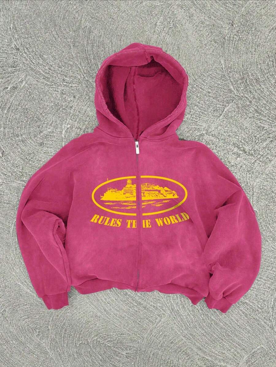 Áo hoodie nam dáng rộng, in chữ, có khóa kéo, thích hợp mặc hàng ngày, mùa thu. - Hồng - Xem 1