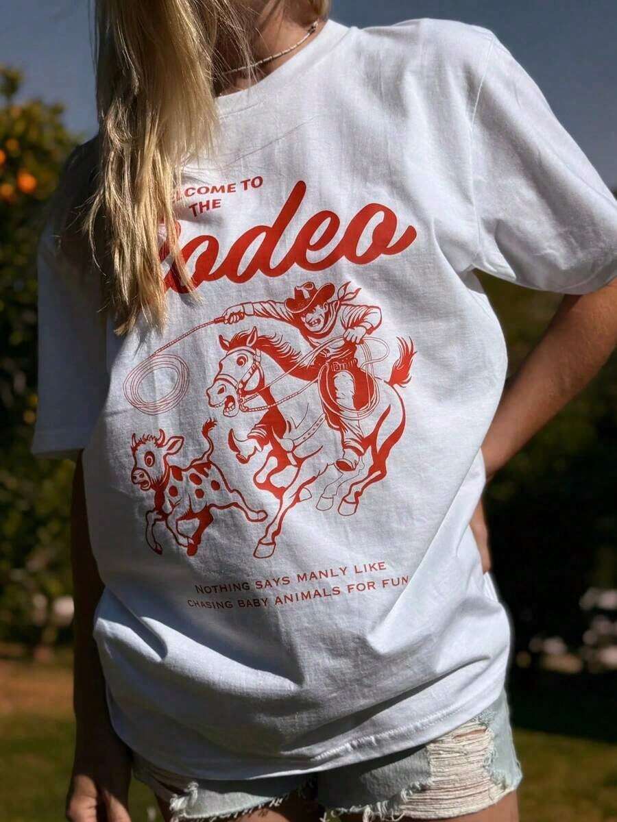 Women's Style Voyage Western Rodeo Graphic Tee With A Cowboy Riding A Horse And Cow Print, Casual Loose Fit, Unisex Top For Women And Men, Ideal For Outdoor Events And Summer Festivals, 180g 100% Cotton T-Shirt. Women's Blouses. - 白色 - 查看 1