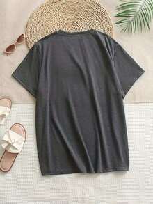 Camiseta Casual Estampada de Cuello Redondo para Mujer  - Camiseta Ligera Adecuada para Todas las Temporadas - Gris Oscuro - Ver 2