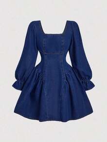 MOD Vestido corto de manga larga con cuello cuadrado de mezclilla casual para mujer, vestidos elegantes para mujer, conjuntos de fiesta para mujer, vestido de Navidad, vestido de mujer de manga larga, vestido azul de manga larga, vestido esponjoso, vestido largo de mezclilla - Azul lavado oscuro - Ver 1