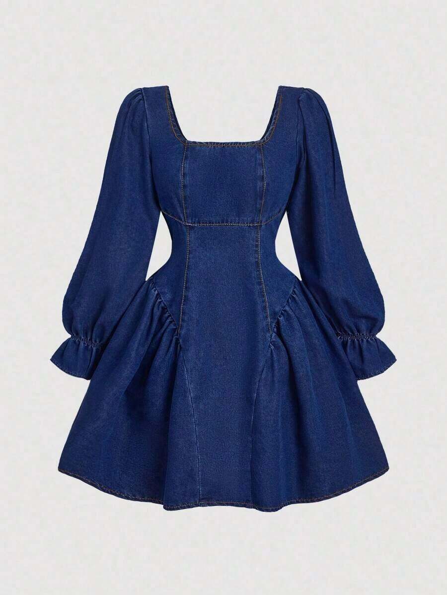 MOD Vestido corto de manga larga con cuello cuadrado de mezclilla casual para mujer, vestidos elegantes para mujer, conjuntos de fiesta para mujer, vestido de Navidad, vestido de mujer de manga larga, vestido azul de manga larga, vestido esponjoso, vestido largo de mezclilla - Azul lavado oscuro - Ver 1