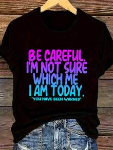 Plus Size Women's Casual Short Sleeve T-Shirt - Plus Size Women's Casual Short Sleeve T-Shirt - Funny "I'm Not Sure Who I Am Today" Print T-Shirt For Plus Size Women - Black Casual Short Sleeve Crew Neck Loose Fit T-Shirt With Glitter Lettering, Machine Washable - 黑色 - 查看 8