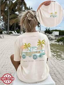 [Double-Sided Print] Women's Summer Casual T-Shirt, Cool Style, Truck And Palm Tree Print, "Good Things Are Coming" Print, Short Sleeve, Round Neck, 100% Cotton, Plus Size Off-The-Shoulder T-Shirt [LangK] - 杏色 - 查看 1