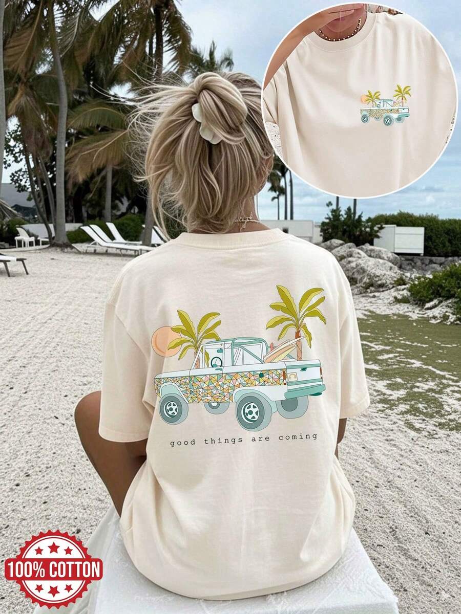 [Double-Sided Print] Women's Summer Casual T-Shirt, Cool Style, Truck And Palm Tree Print, "Good Things Are Coming" Print, Short Sleeve, Round Neck, 100% Cotton, Plus Size Off-The-Shoulder T-Shirt [LangK] - 杏色 - 查看 1