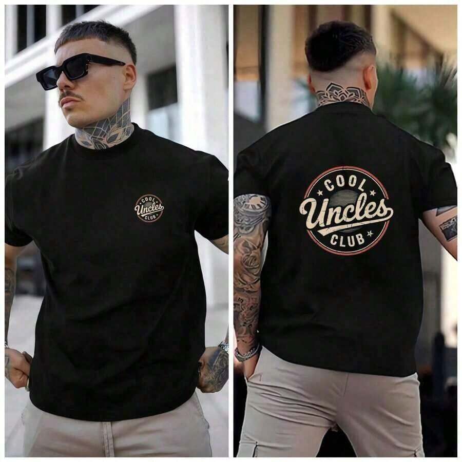 Camiseta Negra de Cuello Redondo con Estampado Gráfico del Club de Tíos Geniales y Tatuajes en las Mangas, Ropa Casual, Camisetas Gráficas Divertidas - Negro - Ver 1