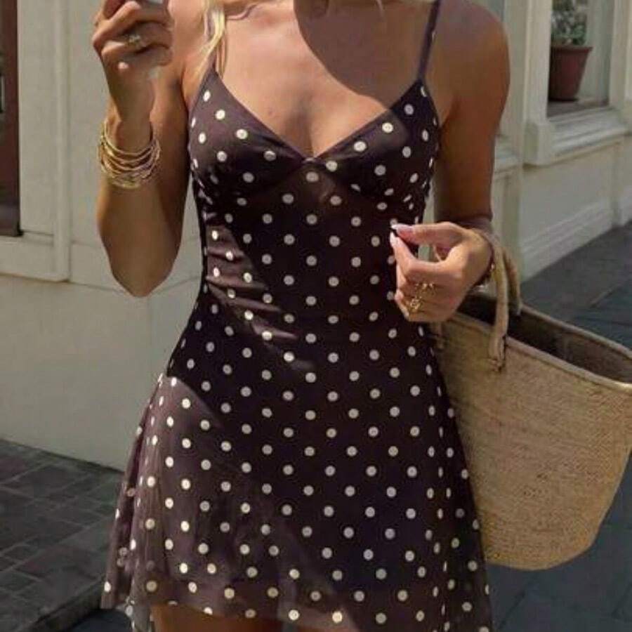 Vestido corto de verano con tirantes finos y estampado de leopardo sexy para mujer - Marrón - Ver 1