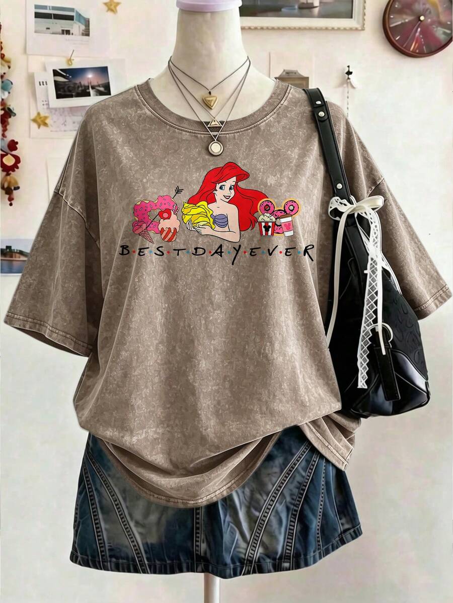 Disney Oversize Round Neck Washed T-Shirt With Disney Ariel Print, Disneyland, Disney Animal Kingdom, Disney Family Vacation Trip, Summer Outfits For Women, Vacation Outfits Women, Dresses,, Dresses For Women, Summer Clothes, Summer Tops, Capris For Women, Rompers For Women, Jeans For Women, Jorts, Graphic Tees Women, Tank Tops Women, Dresses For Women Summer, Summer Tops, Summer Clothes, Summer, Swimsuits For Woman, Bathing Suits For Women, Bikinis, White Tank Top, Women Sweatshirts & Hoodies, Cord Sets For Women, Trajes Elegantes De Mujer, Conjuntos De Dos Piezas Para Mujer, Skirt Two Piece Set, Conjuntos De Mujer, Blusas, Trajes De Mujer Casual, Free Shipping, Co Ords Sets Women, Faldas - Khaki - View 1