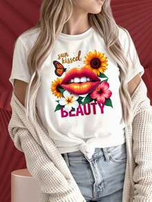 Women's Short-Sleeved, Crew-Neck T-Shirt With Eye-Catching Prints. Women's T-Shirt With A Floral Design, "Lips Sun Kissed Beauty," A  Summer Graphic Tee, Suitable For Christmas Parties, Sports Activities, Holiday Parties, Outings, And Other Festive Gifts (220g). - 白色 - 查看 4