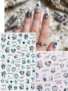 2 Sheets Retro Cute Cat & Angel Nail Art Stickers - Red & Blue Heart Rabbit Cross Star Nail Decals - Suitable For Music Festivals, Graduation, Parties And Spring/Summer Vacation DIY Decoration - Multicolor - View 6