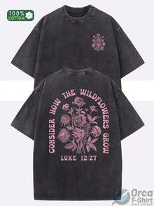 Ropa de hombre; Camiseta de verano de 230g de peso pesado con estampado de cera para hombres y mujeres - Corte holgado, cuello redondo, mangas cortas, con un estampado de flores silvestres y - Blanco - Ver 10