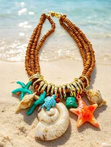 Dây chuyền nữ phong cách Boho lấy cảm hứng từ đại dương, vòng cổ nhiều lớp bằng gỗ đính hạt với mặt dây chuyền hình vỏ sò, sao biển và rùa, trang sức mùa hè đi biển. - Nhiều màu - Xem 6