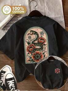 Women's Short-Sleeved T-Shirt, 100% Cotton, Double-Sided Print, Round Neck, Casual Style, Graphic Design Of Snake And Peony In Traditional American Tattoo Style, Summer Top. - 黑色 - 查看 12