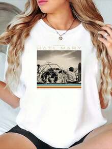 Project Hail Mary Movie Poster Style Print T-Shirt - Women's Casual Short Sleeve Crew Neck T-Shirt, Loose And Soft Fit, Spring/Summer Fashion Essential, Graphic Tees, Men's Western Clothing, Men's Shirts, Graphic Tees, Women's Summer Clothing, Casual Blouses For Ladies - 白色 - 查看 8