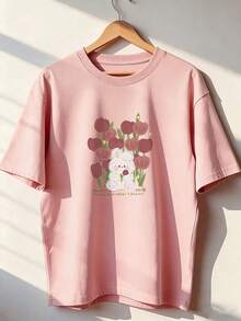 White Rabbit And Wine Tulip T-Shirt, Fashionable Short-Sleeve T-Shirt For Spring/Summer 2026, Made In Mexico, 180 Grams. Cartoon Print, Couple Design, Suitable For Indoor Or Outdoor Wear. Crew Neck, Unisex, Ideal For Office And Leisure. One-Piece Pack. - PK-P631577SLNDXZGY637 - 查看 1
