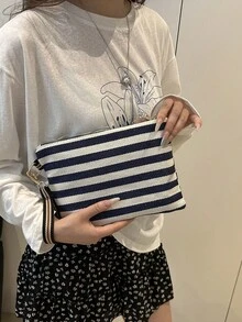 Casual Fashionable Versatile Striped Zipper Clutch Bag For Women - Blue - View 2
