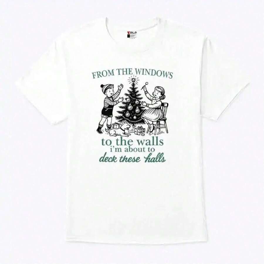 I'm About To Destroy These Halls. Women's Funny Vintage Christmas T-Shirt, Christmas Sweatshirt, Soft Cotton Blend, Breathable Fabric, Classic Fit, Unisex Crew Neck Graphic T-Shirt DLO7 2JDW LX9S - 黑色 - 查看 1