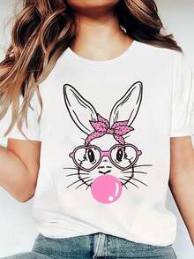 Suave Wo Camiseta con Estampado de Conejo de Pascua y Chicle - Diseño de Conejo con Lazo Rosa y Gafas, Blusa de Manga Corta con Cuello Redondo y Patrón de Chicle Estilo Turbante, Ropa Casual Lavable para Primavera Verano, Adecuada para Fiestas de Pascua, Camisetas Gráficas, Camisetas Gráficas Estilo Western, Ropa para Hombre, Camisas para Hombre, Camisetas Gráficas, Ropa de Mujer, Tops de Verano, Ropa de Verano, Camisetas Gráficas, blusa casual mujer, blusas para mujer, playeras de mujer algodón - Blanco - Ver 1