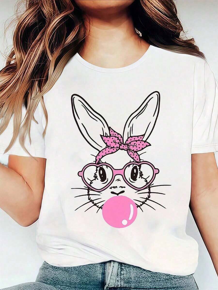 Suave Wo Camiseta con Estampado de Conejo de Pascua y Chicle - Diseño de Conejo con Lazo Rosa y Gafas, Blusa de Manga Corta con Cuello Redondo y Patrón de Chicle Estilo Turbante, Ropa Casual Lavable para Primavera Verano, Adecuada para Fiestas de Pascua, Camisetas Gráficas, Camisetas Gráficas Estilo Western, Ropa para Hombre, Camisas para Hombre, Camisetas Gráficas, Ropa de Mujer, Tops de Verano, Ropa de Verano, Camisetas Gráficas, blusa casual mujer, blusas para mujer, playeras de mujer algodón - Blanco - Ver 1