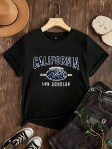 Camiseta de Mujer Casual de Corte Holgado, Opciones en Blanco y Negro, Estampado Gráfico de California Los Ángeles, Camisetas para Uso Diario de Verano, Tops de Verano, Camisetas Gráficas, Conjuntos de Verano, Camisetas Cortas para Mujer, Tops Vintage de Algodón, Ropa Linda para Mujer, Playera Holgada para Mujer - Negro - Ver 2