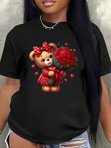 Camiseta de manga corta, ligera y duradera, con bonitos diseños de osos y rosas, perfecta para el ocio en casa o para cenar. Hecha de tela suave, es cómoda para el uso diario y una elección ideal para el Día de San Valentín u ocasiones románticas.blusa casual mujer - Negro - Ver 1