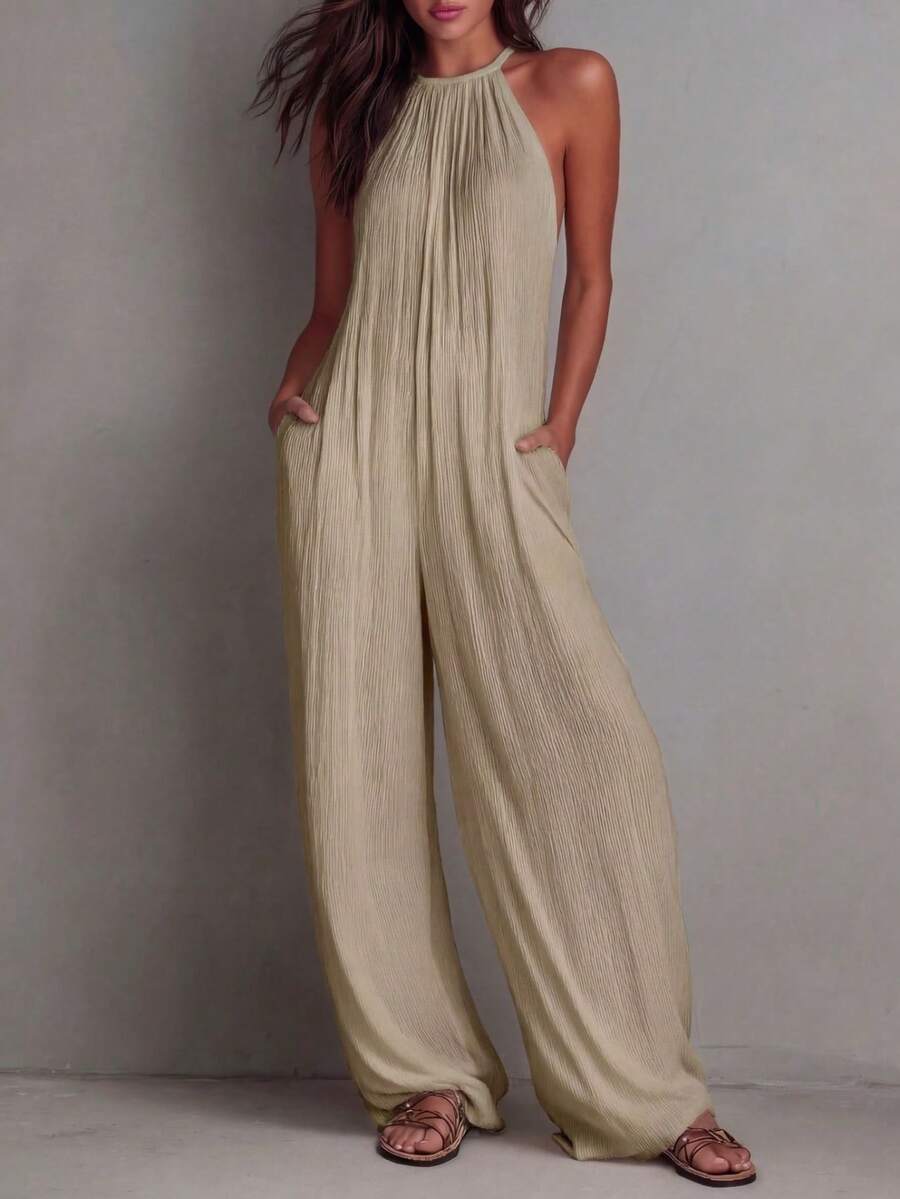 White Wide-Leg Jumpsuit With Pleats And Open Back, Perfect For A Holiday Look - 卡其色 - 查看 1