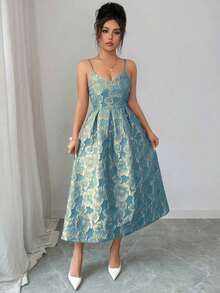 Elegant Women's Dress With Spaghetti Straps And Jacquard Print, Suitable For Wedding Guests, Galas And Parties; Elegant Women's Party Dress With V-Neck And Pleats - 白色 - 查看 9