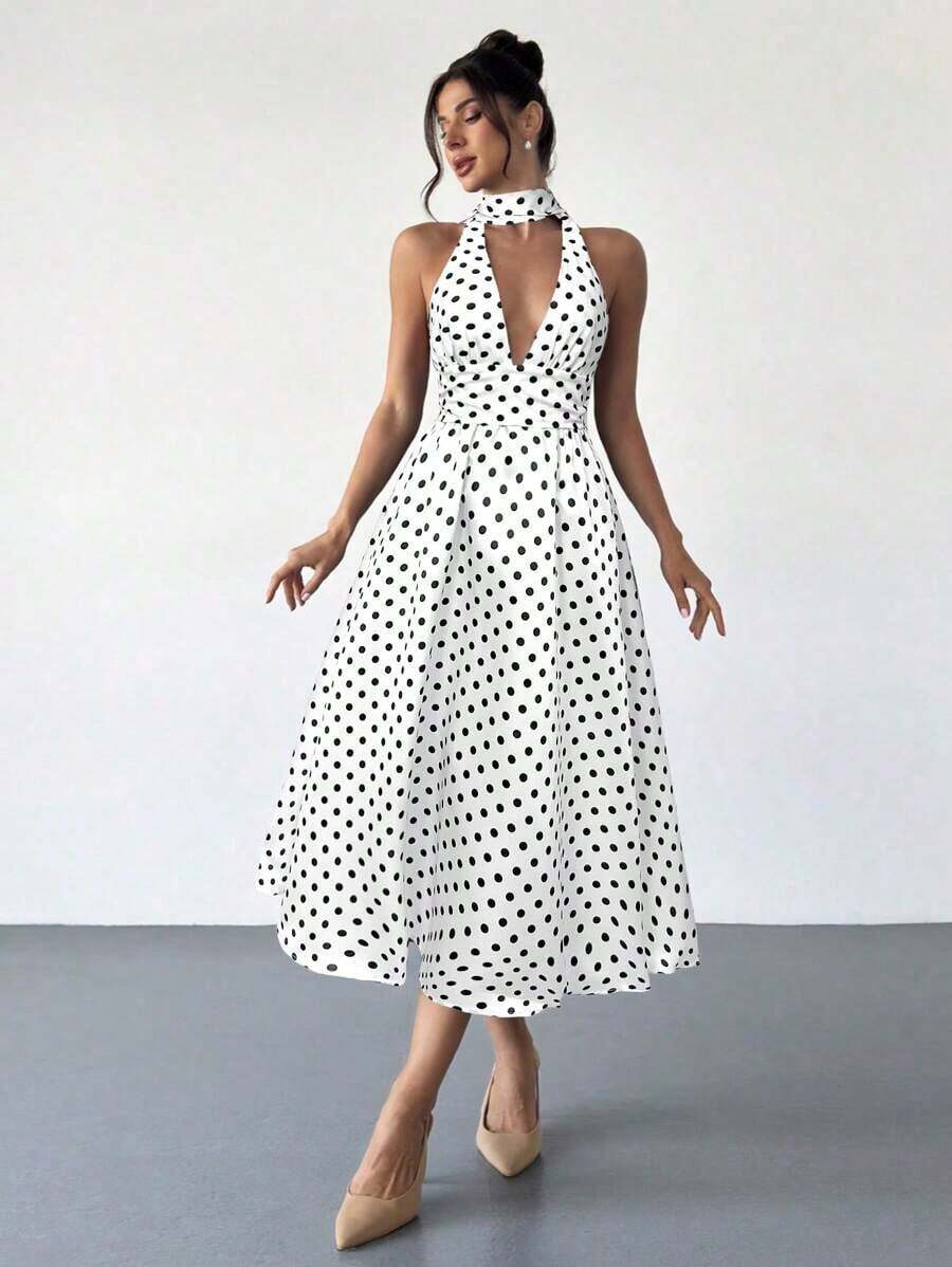 YKhahaFirerie Vestido midi de cintura alta con escote en V y espalda descubierta, de estilo vintage francés con lunares, apropiado para el Día de San Valentín, conciertos, actuaciones, citas, banquetes, bodas, sexy, elegante, ida y vuelta al colegio, vacaciones, playa, románticoYKhaha - Blanco - Ver 1