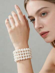 1 pieza Pulsera de perlas de moda multicapa - Blanco - Ver 2