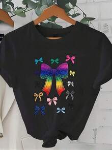 100% Cotton, Women's Rainbow Bow Print T-Shirt, Casual Summer Top,  Graphic Tee For Women, For Everyday Wear And Parties. - 黑色 - 查看 6