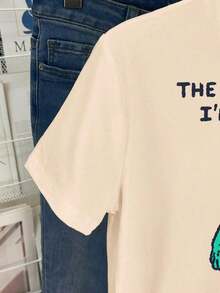 Short-Sleeved T-Shirt With Round Neck And Letter And Frog Print, Casual For Summer. Y2K Style Sportswear, Round Neck, 100% Cotton, Soft Fabric, Short Sleeve. - 杏 - 查看 6
