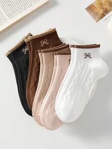 5 pares de calcetines de tobillo de moda con patrón de lazo vintage para mujeres, calcetines minimalistas suaves y transpirables, en blanco y negro, adecuados para uso casual diario, para todas las estaciones - Multicolor - Ver 7