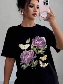 Women's Casual T-Shirt With Bohemian Floral Print Of Peonies And Butterflies, Soft And Comfortable, Gift For Mother's Day, Birthday, Valentine's Day, Cotton T-Shirt - 黑色 - 查看 5