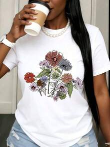 Women's White T-Shirt With Bohemian Floral Print, Casual Short Sleeve Top, Boho Style, Summer Clothes, Colorful Floral Graphic T-Shirt For Everyday Wear, Cotton T-Shirt - 黑色 - 查看 7