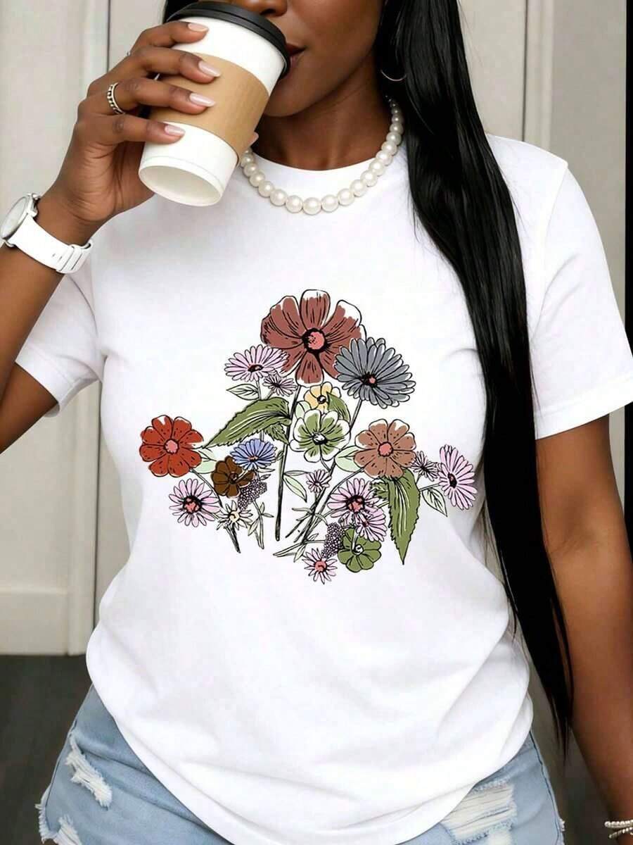 Women's White T-Shirt With Bohemian Floral Print, Casual Short Sleeve Top, Boho Style, Summer Clothes, Colorful Floral Graphic T-Shirt For Everyday Wear, Cotton T-Shirt - 白色 - 查看 1